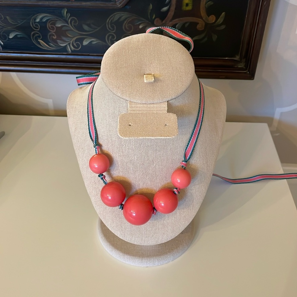 Statement Necklace. Pink Baubles tied with Grosgrain Pink/green ribbon.